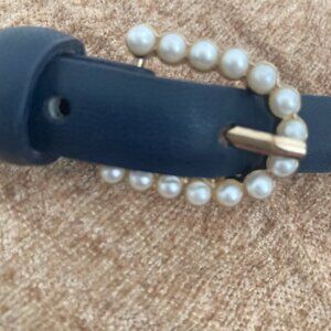 Navy Blue Narrow Leather Belt Faux pearl Buckle  40 inches
